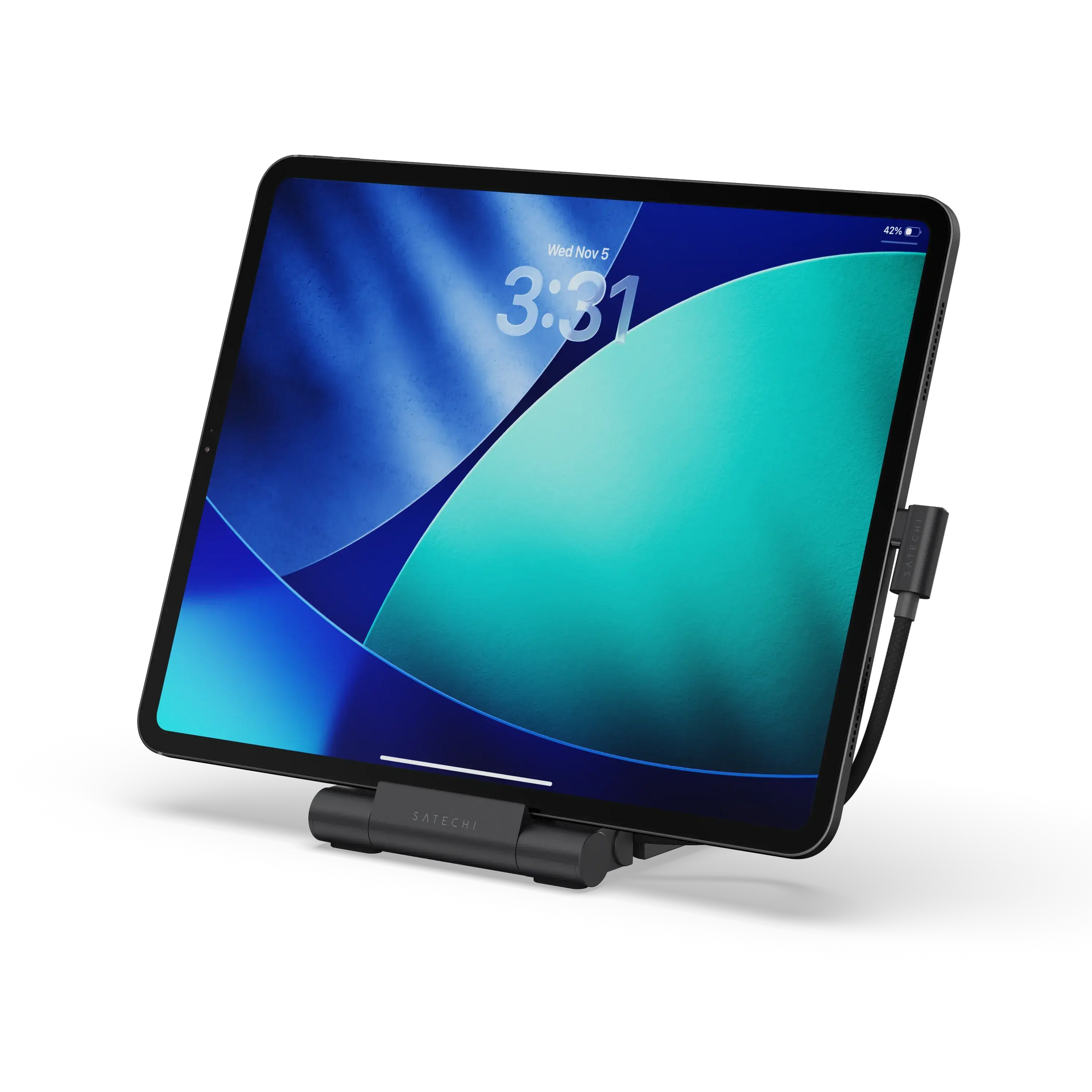 Satechi OntheGo Foldable Stand Hub holding a tablet, showcasing its travel-friendly design and versatility.