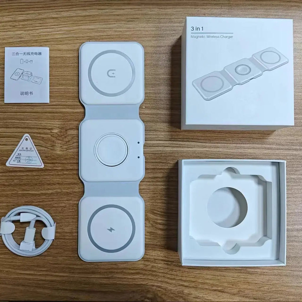 Portable Multi-Function MagSafe Wireless Charger displayed with packaging and accessories.