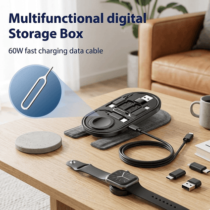 All-in-One Charge Card by Techs Park Storage Box with 60W fast charging data cable and stylish watch on a wooden table.