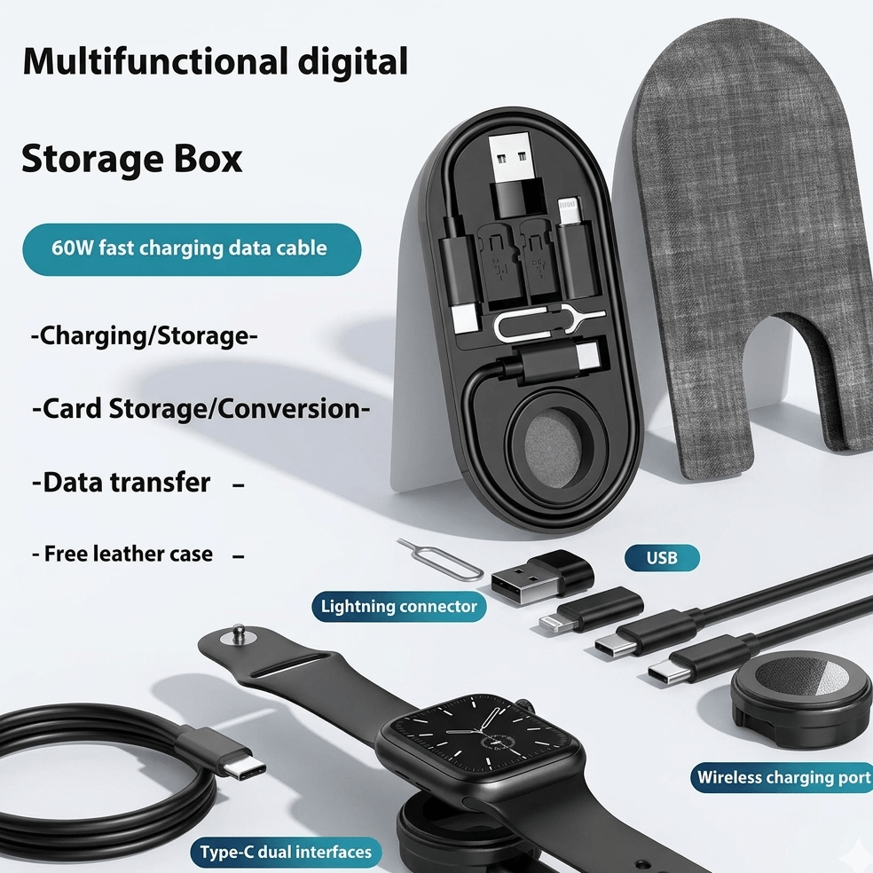 All-in-One Charge Card by Techs ParkStorage Box with fast charging cable and multiple connectors for seamless data transfer.