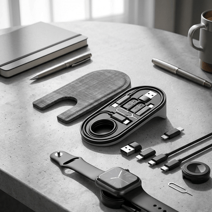 All-in-One Charge Card by Techs Park displayed with various cables and accessories on a stylish desk.
