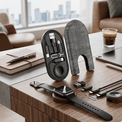 All-in-One Charge Card by Techs Park on a desk, showcasing its compact design and charging options.
