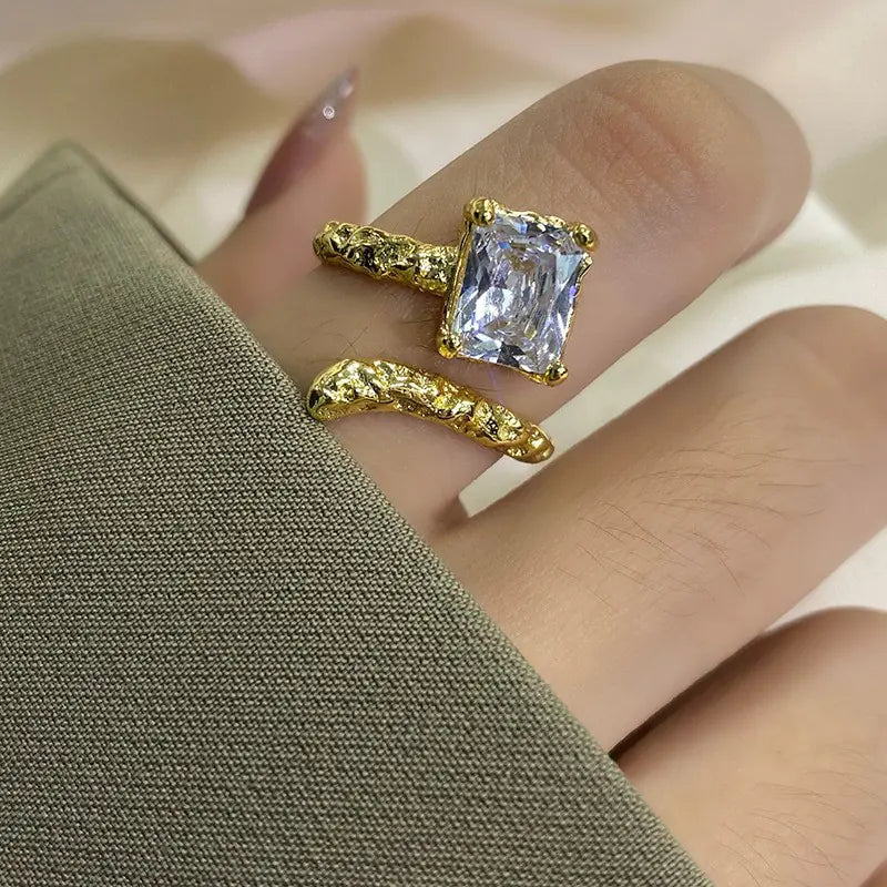 Light Luxury Simple Rectangular Open-end Zircon Ring