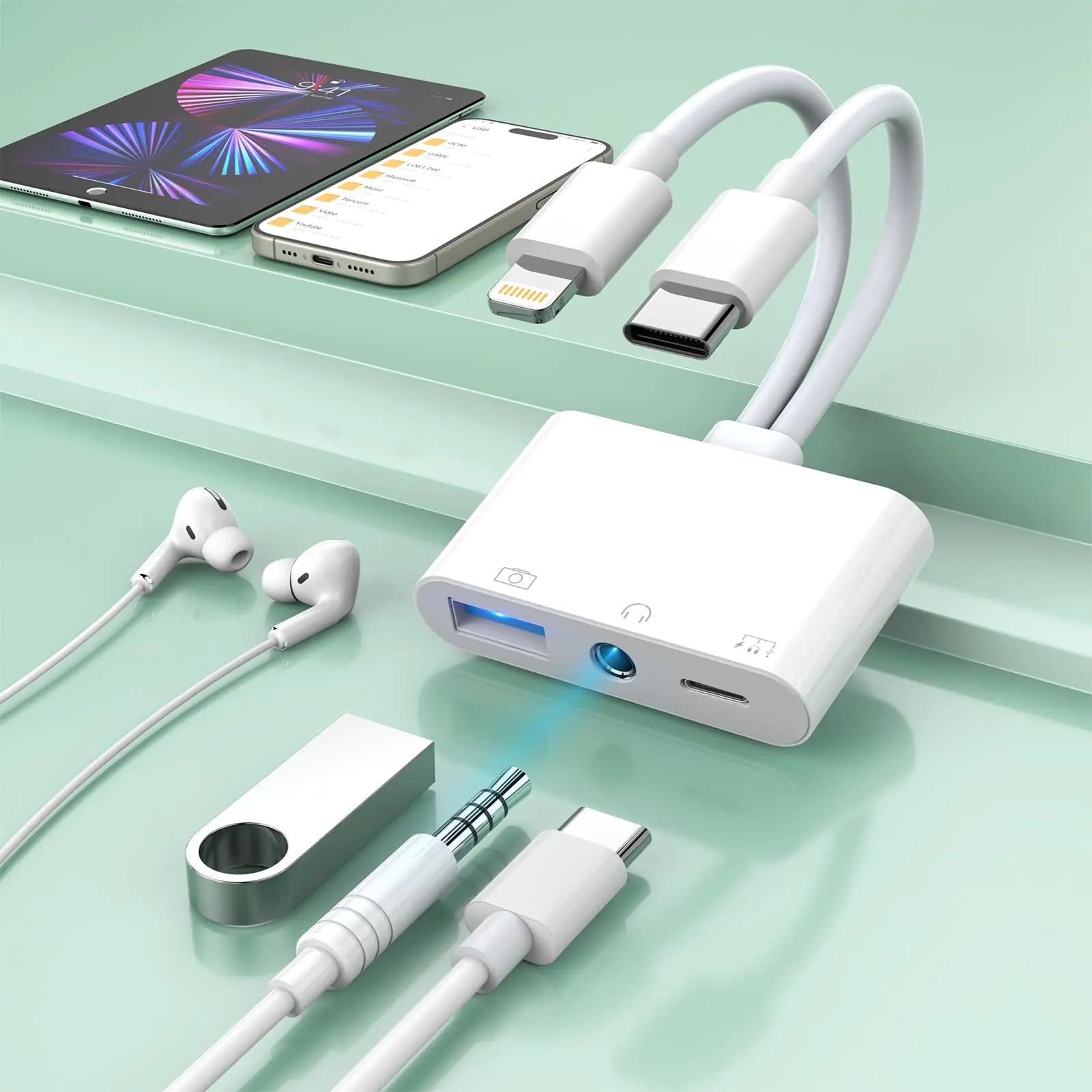 Lightning + USB C to Aux Audio Headphone Jack AdapterMulti USB OTG Camera Adapter+3.5mm Earphone Jack+Type-C Earphone/Charge PortPhone Splitter for iPhone 15/14/13SamsungiPadHuaweiFlash Drive