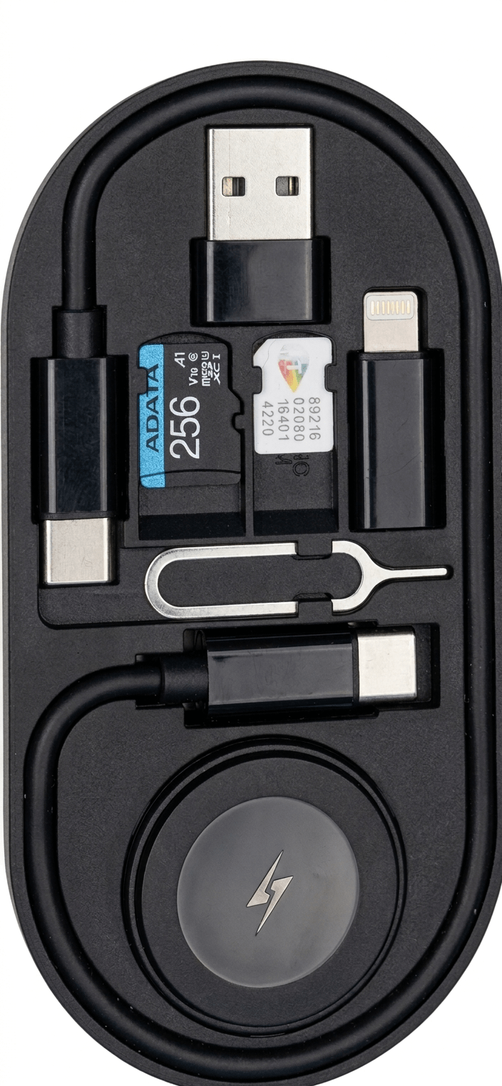 All-in-One Charge Card by Techs Park with USB and cable connectors organized in a compact holder.