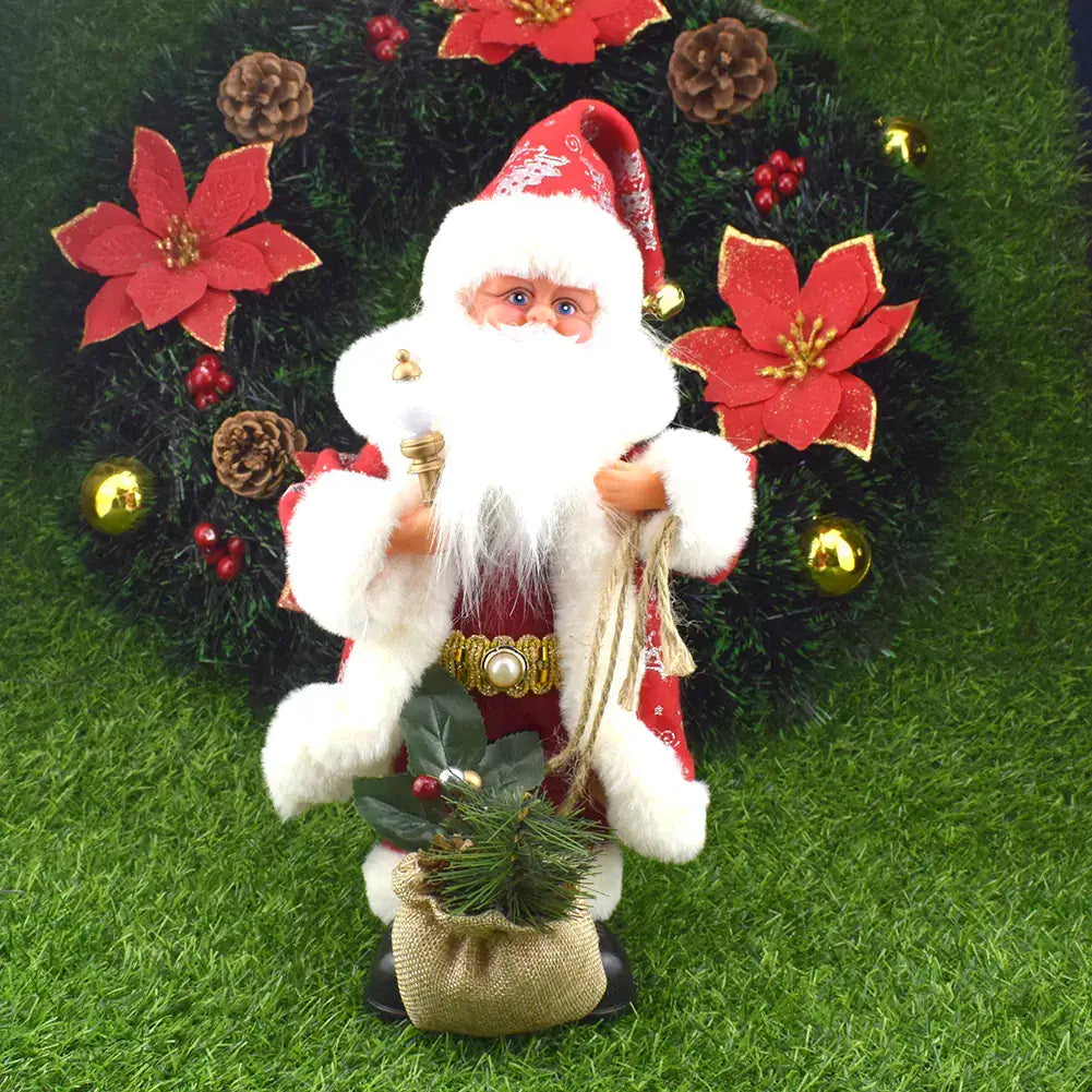 Santa Claus Climbing Toy - Festive Holiday Decor standing in front of a festive wreath with flowers and greenery.
