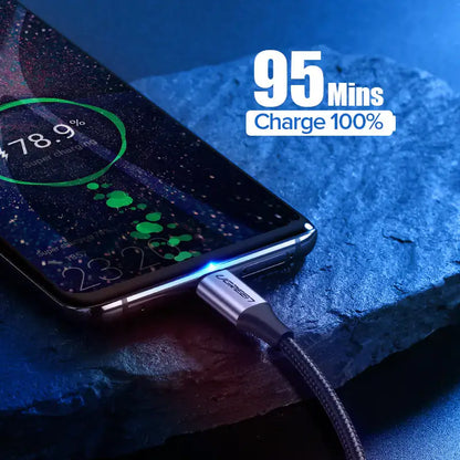Ugreen Type C USB Cable for Fast Charging and Data connected to a smartphone, charging in just 95 minutes to 100%.