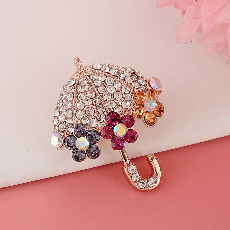 Fashionable Rhinestone Flower Umbrella Brooch Pin