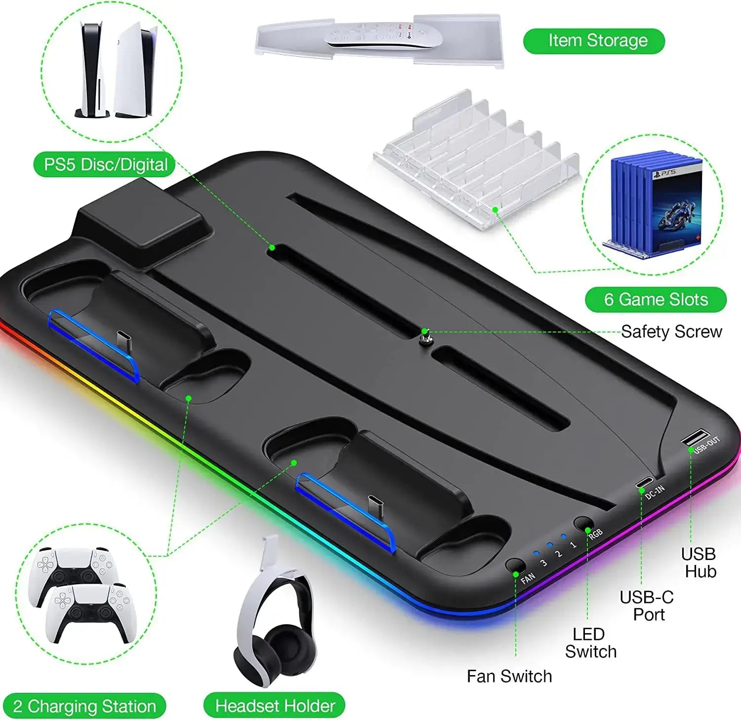PS5 charging dock with RGB light for two controllers and headset