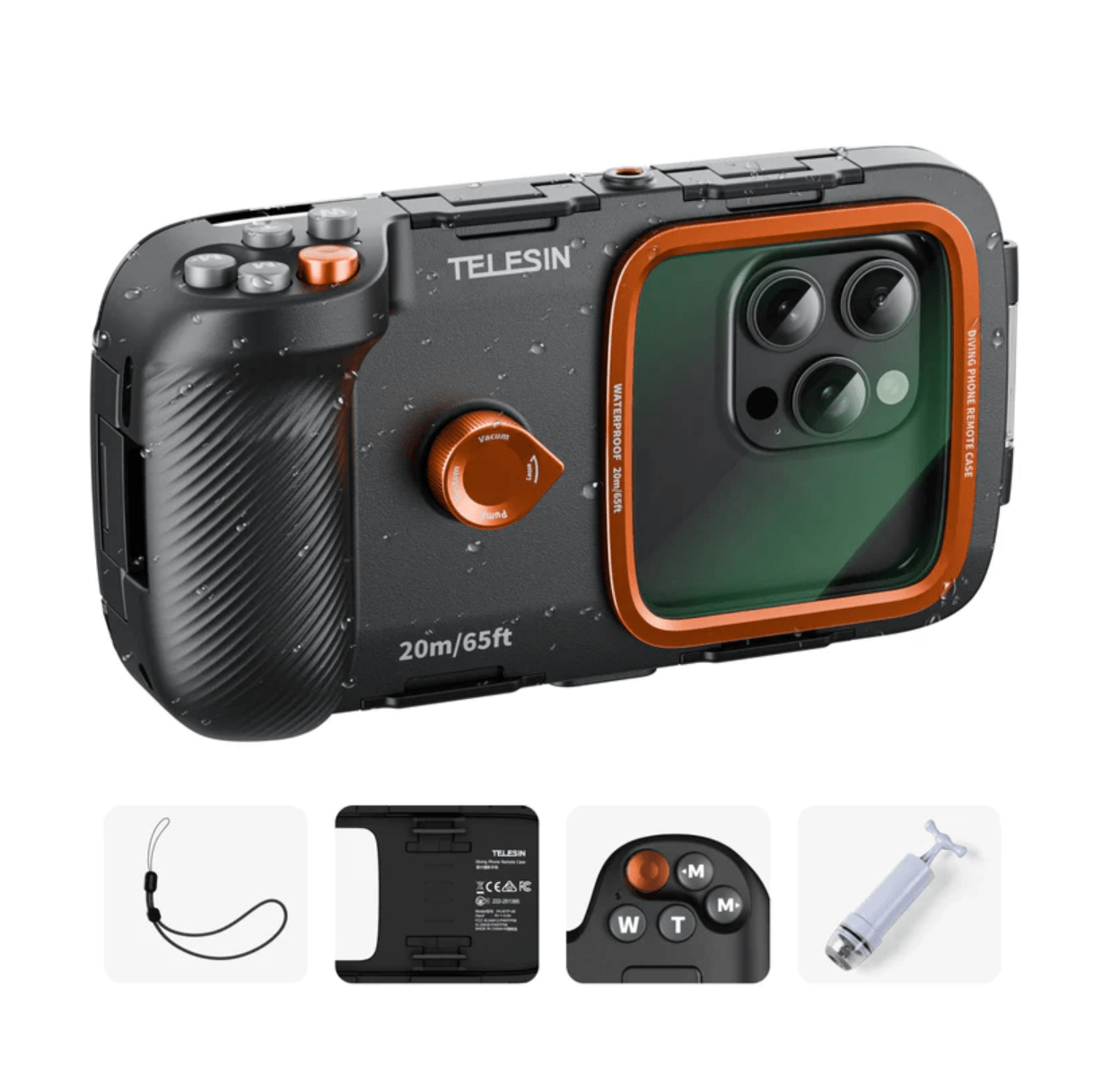 TELESIN Underwater Diving Phone Case shown with features and accessories for 20m waterproof use.
