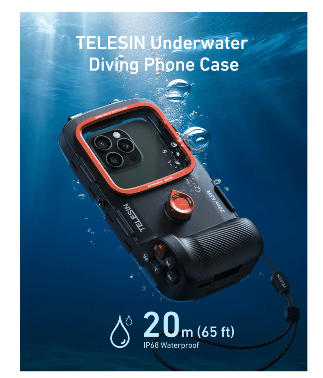 TELESIN Underwater Diving Phone Case showcasing waterproof capabilities to 20m, ideal for action cameras and underwater photography.