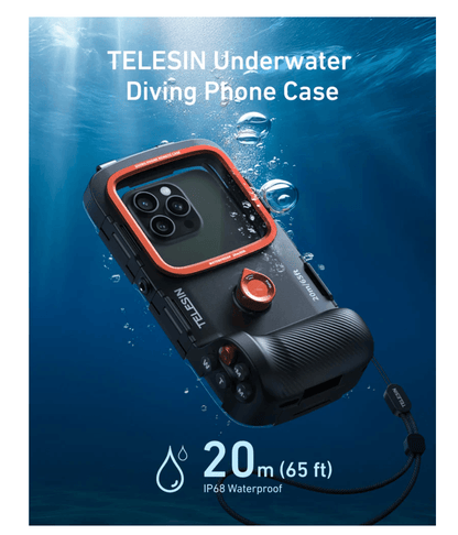 TELESIN Underwater Diving Phone Case showcasing waterproof capabilities to 20m, ideal for action cameras and underwater photography.