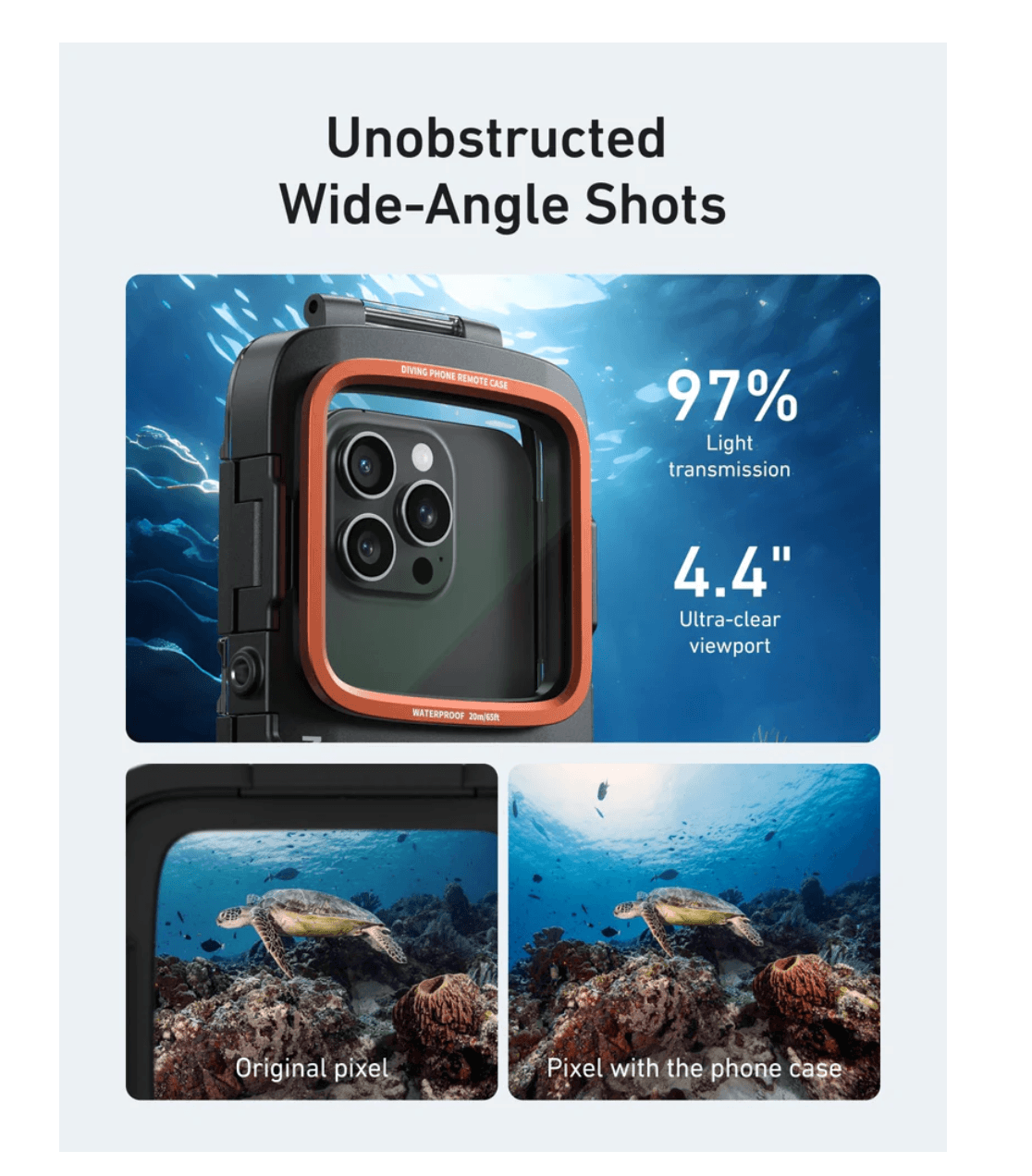 TELESIN Underwater Diving Phone Case showcasing unobstructed wide-angle shots and clear underwater views.