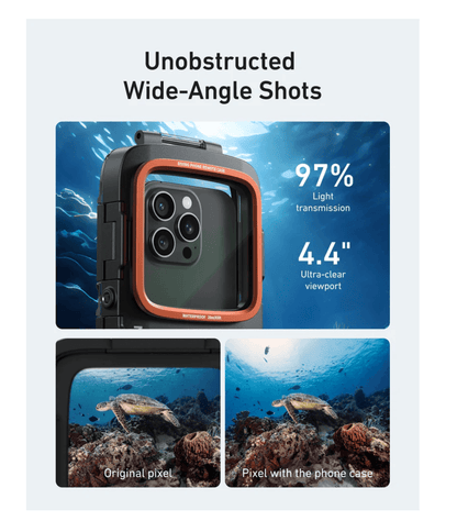 TELESIN Underwater Diving Phone Case showcasing unobstructed wide-angle shots and clear underwater views.