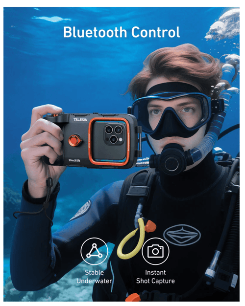 A diver using the TELESIN Underwater Diving Phone Case with Bluetooth control in clear water.