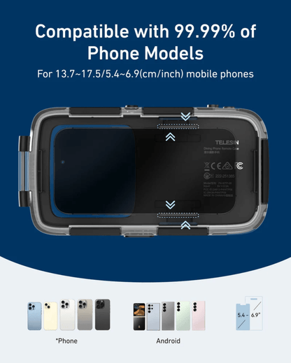 TELESIN Underwater Diving Phone Case showing compatibility with various phone models and sizes for underwater use.