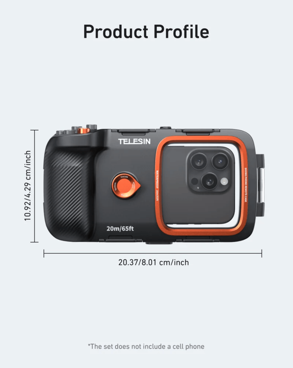 TELESIN Underwater Diving Phone Case product profile showing dimensions and design features.