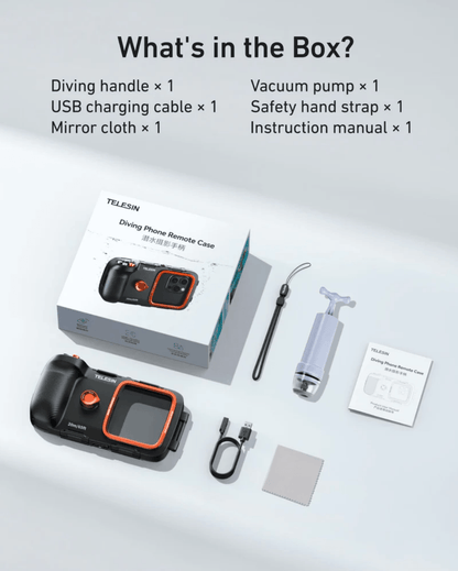 TELESIN Underwater Diving Phone Case - what's in the box including diving handle, vacuum pump, and instruction manual