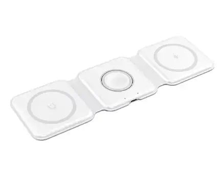 Portable Multi-Function MagSafe Wireless Charger in sleek white design for charging multiple devices.