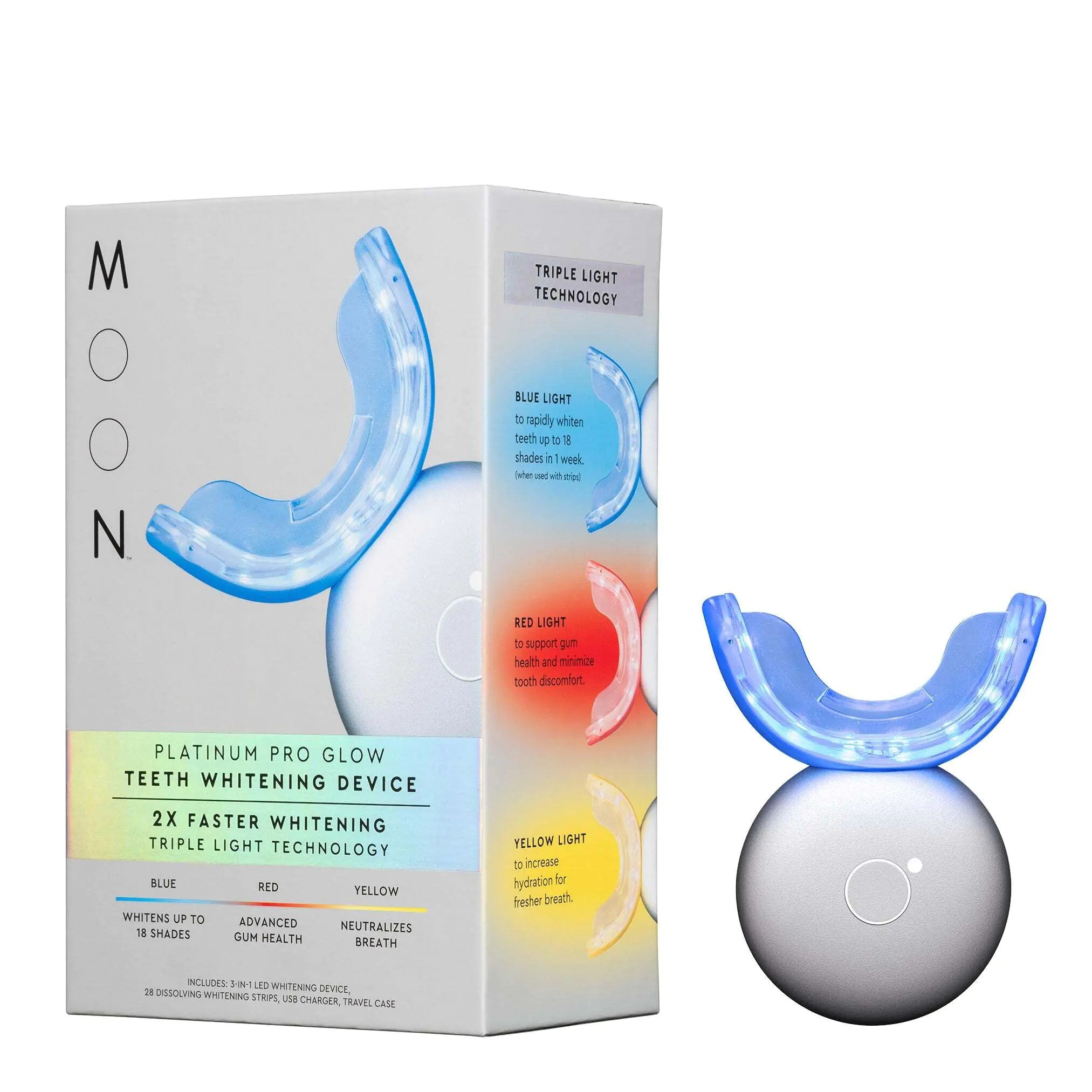 MOON Teeth Whitening Kit with 3-in-1 LED Light Whitens Teeth Fast Up to 18 Shades in 1 Week Supports Gum Health Freshens Breath Gentle on Sensitive Teeth Includes 28 Dissolvable Whitening Strips