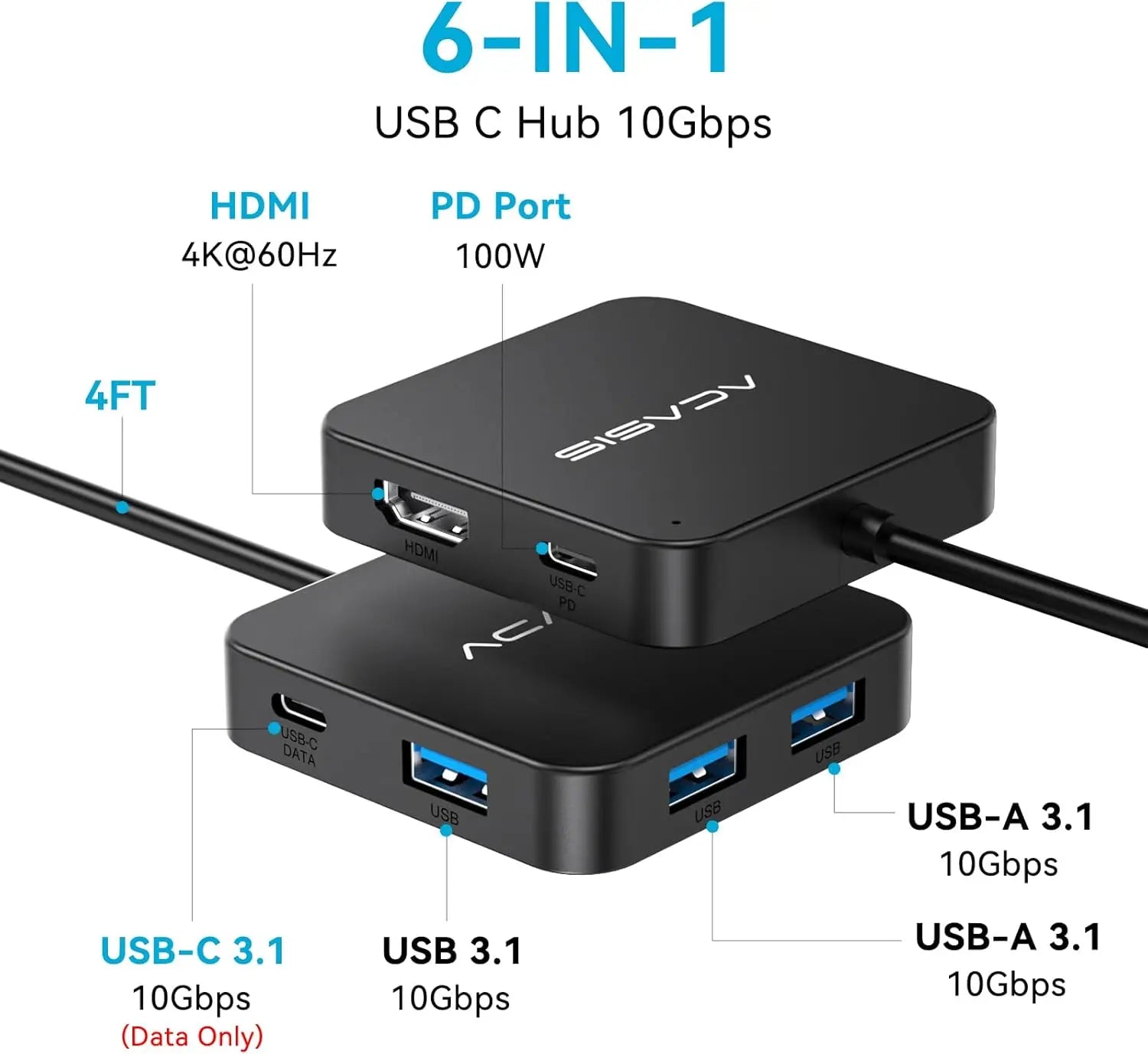 ACASIS USB C Hub 6 in 1 10Gbps Multiport Adapter with 4K 60Hz HDMI PD 100W Power Delivery USB C to HDMI Adapter for MacBook Dell