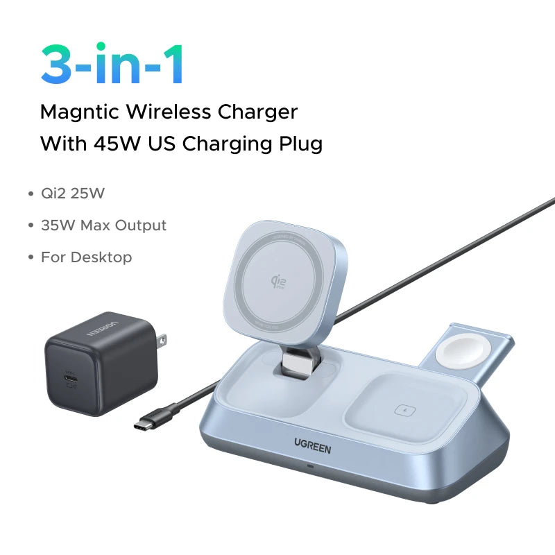 UGREEN Qi2 25W magnetic wireless charger stand — 3-in-1 MagSafe fast charging for iPhone and AirPods