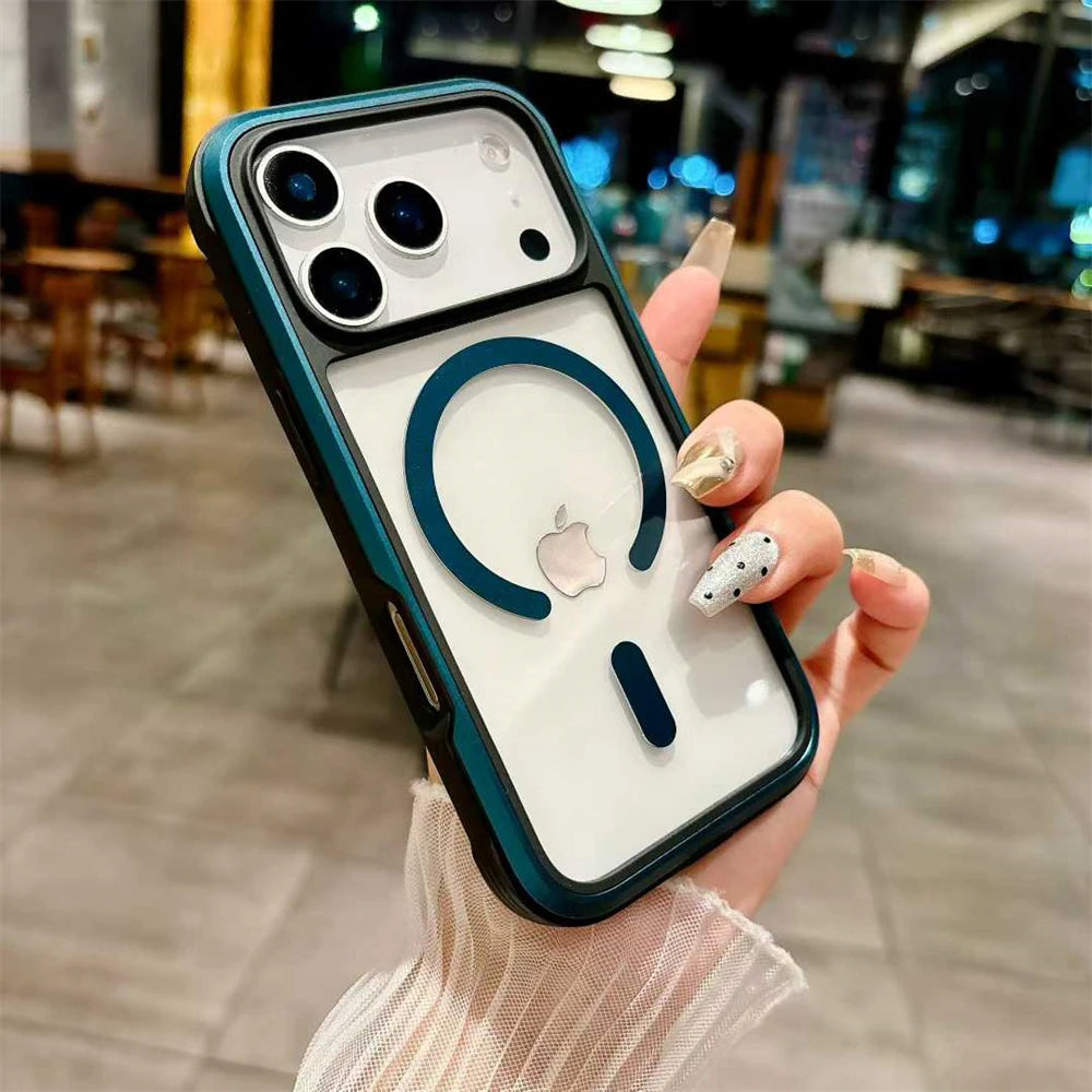 Aluminum Alloy Transparent Magsafe Phone Case For iPhone 17 Pro Max 17Air 15 16Pro Max Military Anti Fall Magnetic Cover