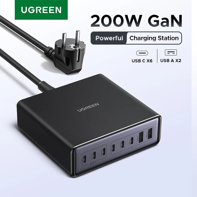 UGREEN 200W GaN Charger 8 in 1 Desktop USB C Charging Station Stand For Macbook Laptops iPhone 16 15 Pro Xiaomi Samsung Tablets