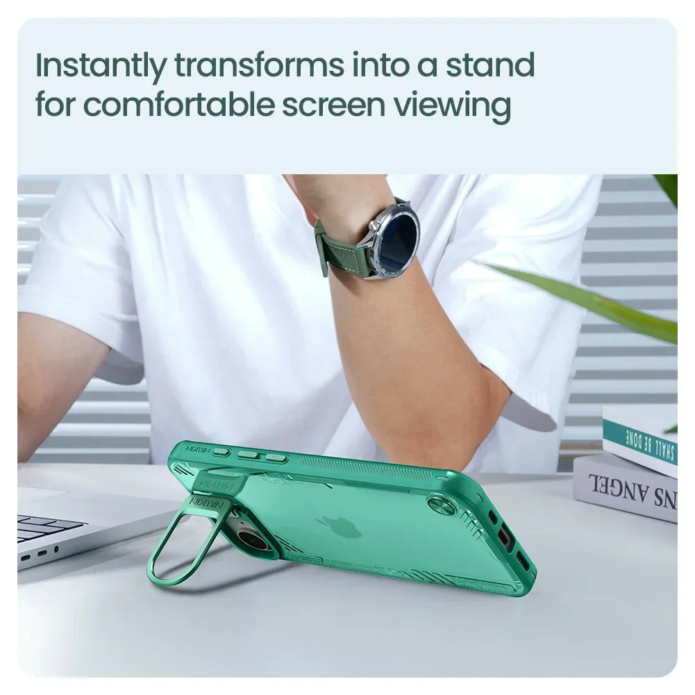 NILLKIN for iPhone 16e Case iceblade Prop Lens Ultra-Thin clear transparent Camera Hollow Stand Protect Cover