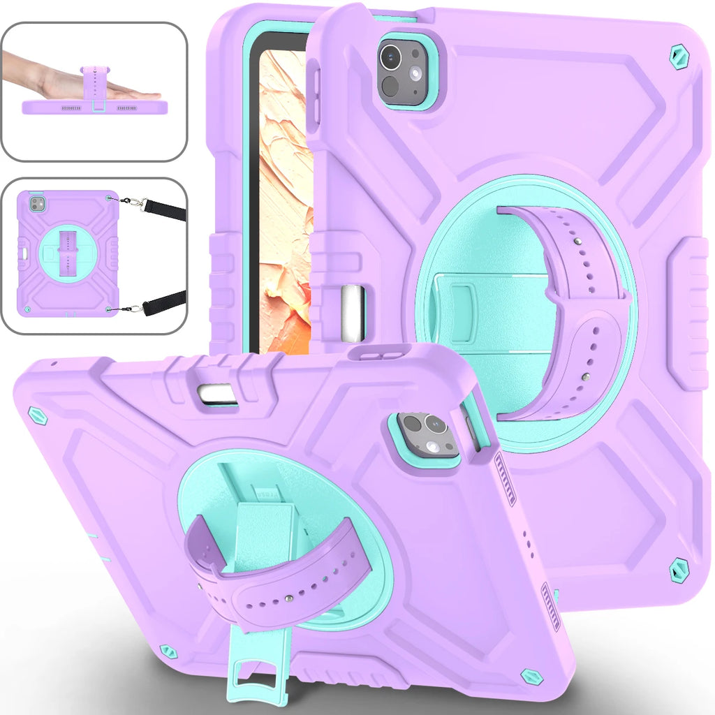 Shockproof Case for iPad pro 11 inch (2024) with 360° Rotating Hand Strap, Portable Shoulder Strap and Pencil Slot