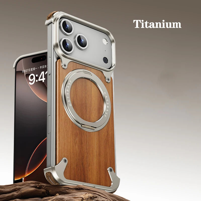 Eary Natural Wood for iPhone 17 Pro Max 17 Air Case Frameless with MagSafe 360°Rotation Phone Stand Shockproof Protective Cover
