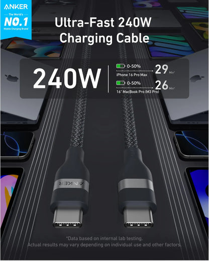 Anker USB-C to USB-C Cable Upcycled-Braided 240W Fast Charging with charging time for iPhone 16 Pro Max and MacBook Pro.