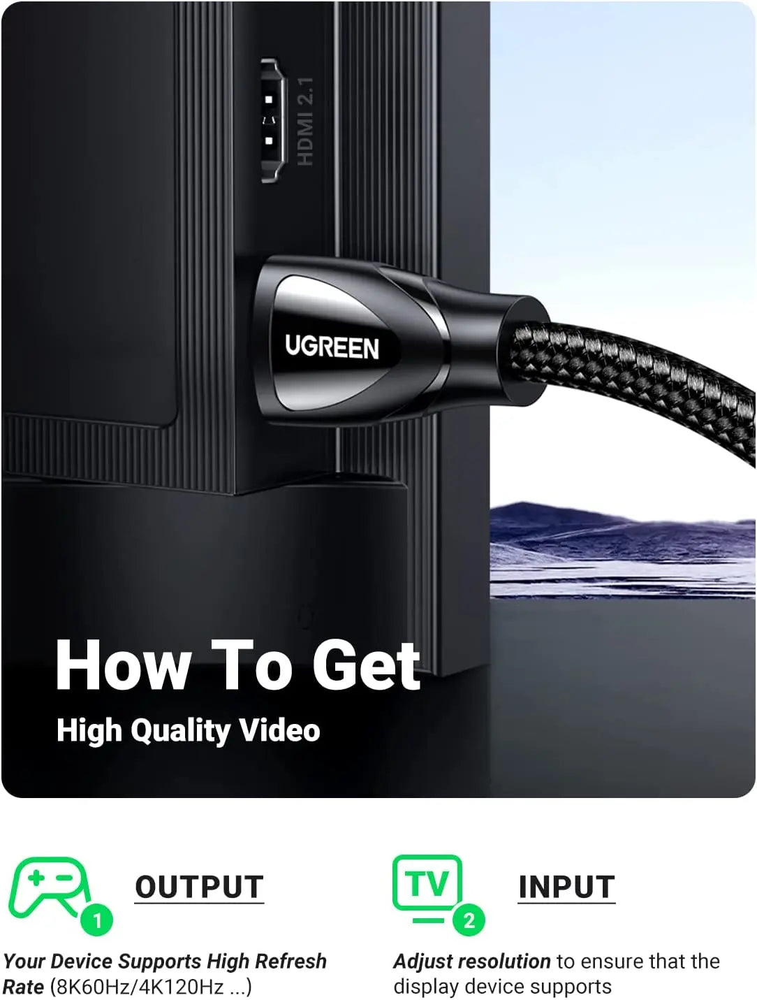 UGREEN 8K HD-MI Cable Future Technology-8K@60Hz HD-MI Cable 2.1 6.6FT 48Gbps Ultra High Speed