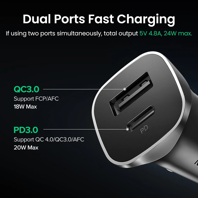 UGREEN 20W Car Charger Dual Port QC 4.0 3.0 Fast Charging For iPhone 17 16 15 Xiaomi Huawei Samsung Supercharge Type C Charger