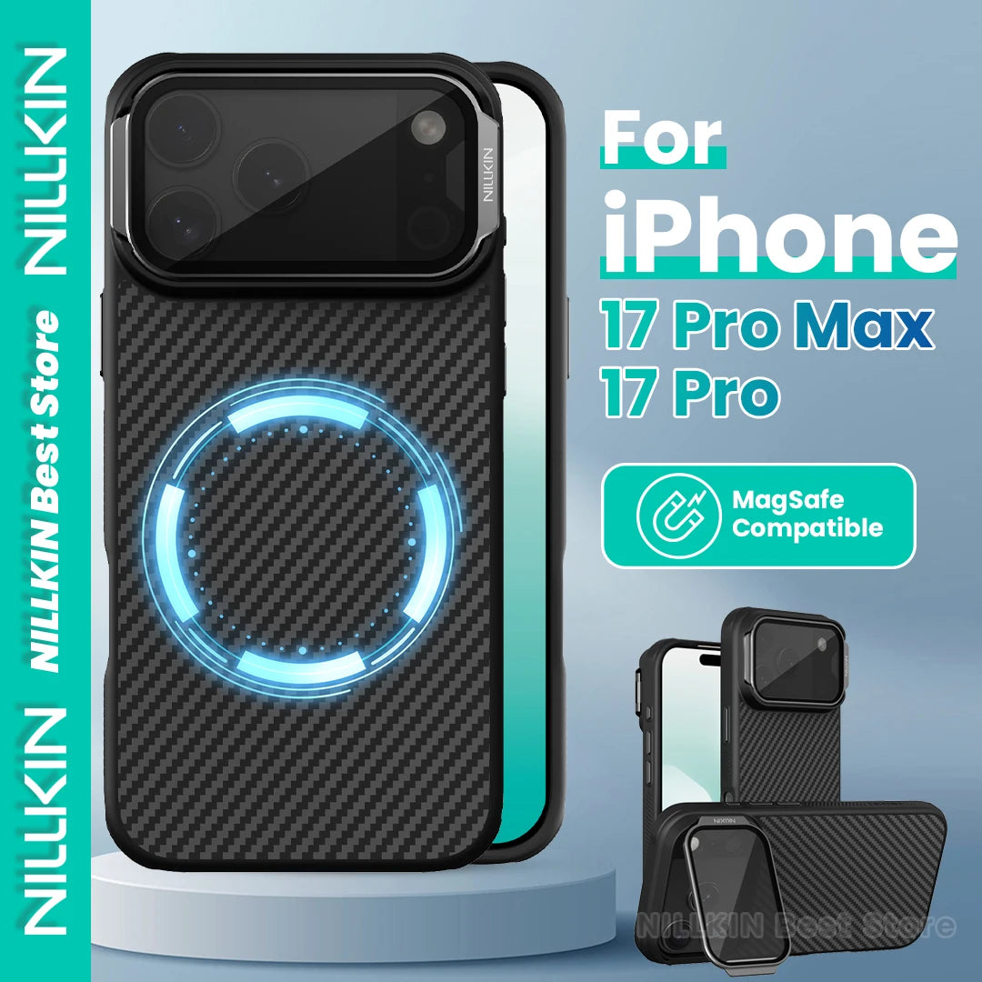 NILLKIN 1500D Aramid Fiber Magnetic Cover For Iphone 17 Pro Max / Iphone 17 Pro Transparent Black Lens Cap Stand Kevlar Cover