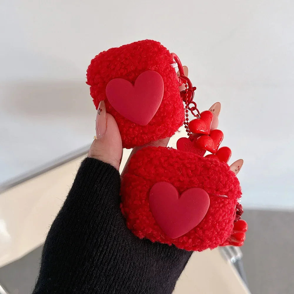 Red Fiber Plush 3D Love Soft TPU Earphone Case for AirPods 1 2 3 4 Pro 2 Silicone Protection Cover Luxury Heart Chain Pendant