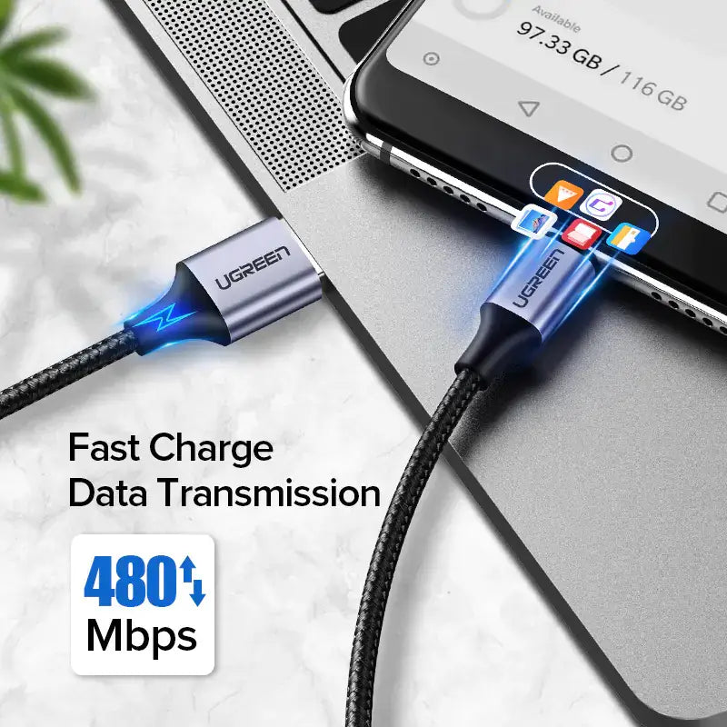 Ugreen Type C USB Cable for Fast Charging and Data connected to a smartphone for data transfer and fast charging.