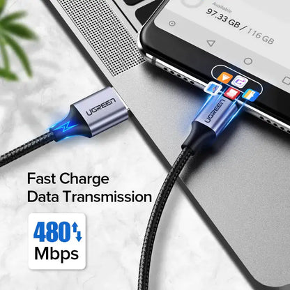 Ugreen Type C USB Cable for Fast Charging and Data connected to a smartphone for data transfer and fast charging.