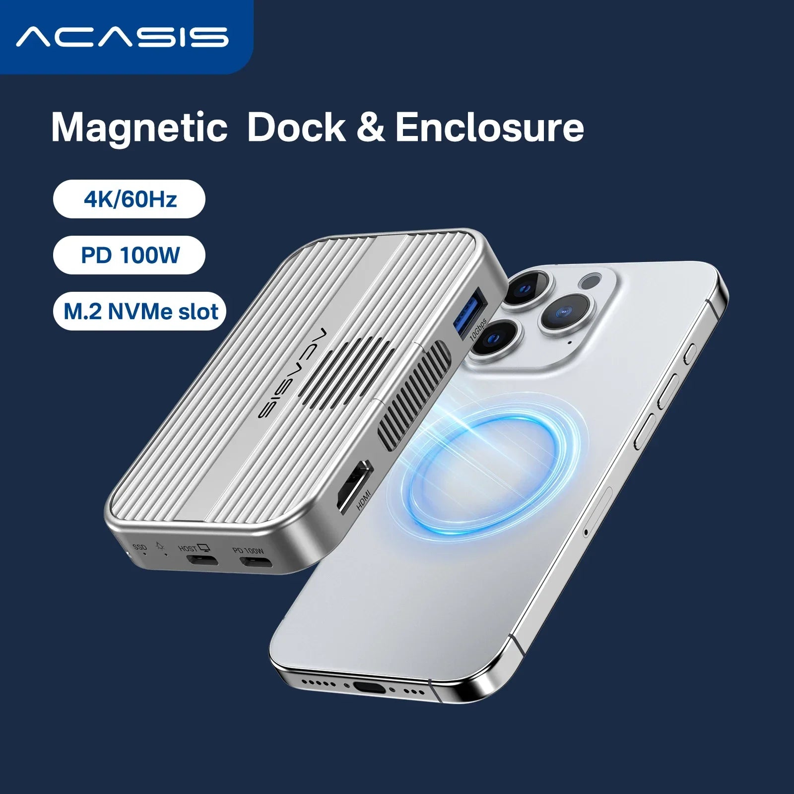 Acasis 10Gbps Magnetic M.2 NVME SSD Enclosure & USB-C Docking Station With Cooling Fan for iPhone 17/17 Pro/iPhone 16/16 Pro
