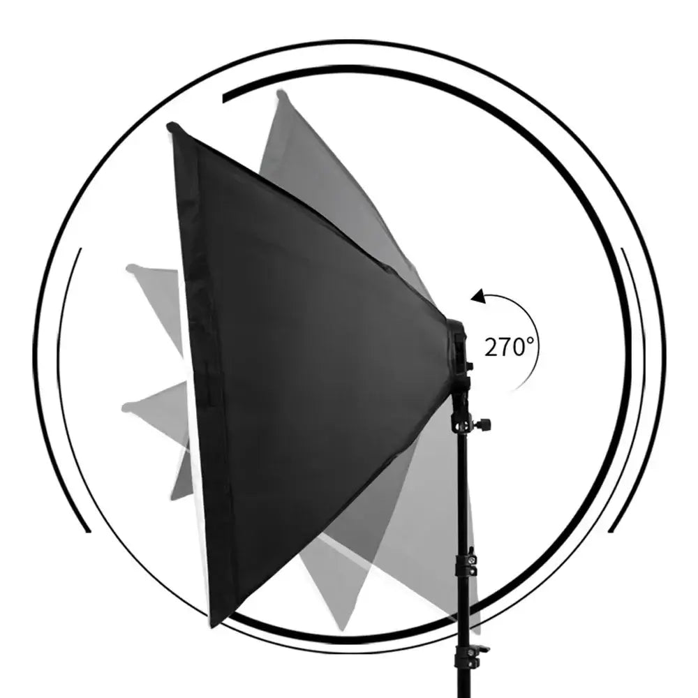 Photography softbox kit with tripod showing adjustable softbox at 270 degrees for optimal lighting in photo shoots.