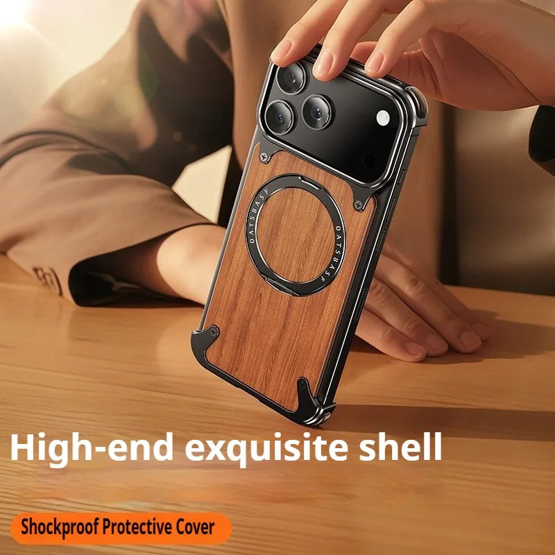 Eary Natural Wood for iPhone 17 Pro Max 17 Air Case Frameless with MagSafe 360°Rotation Phone Stand Shockproof Protective Cover