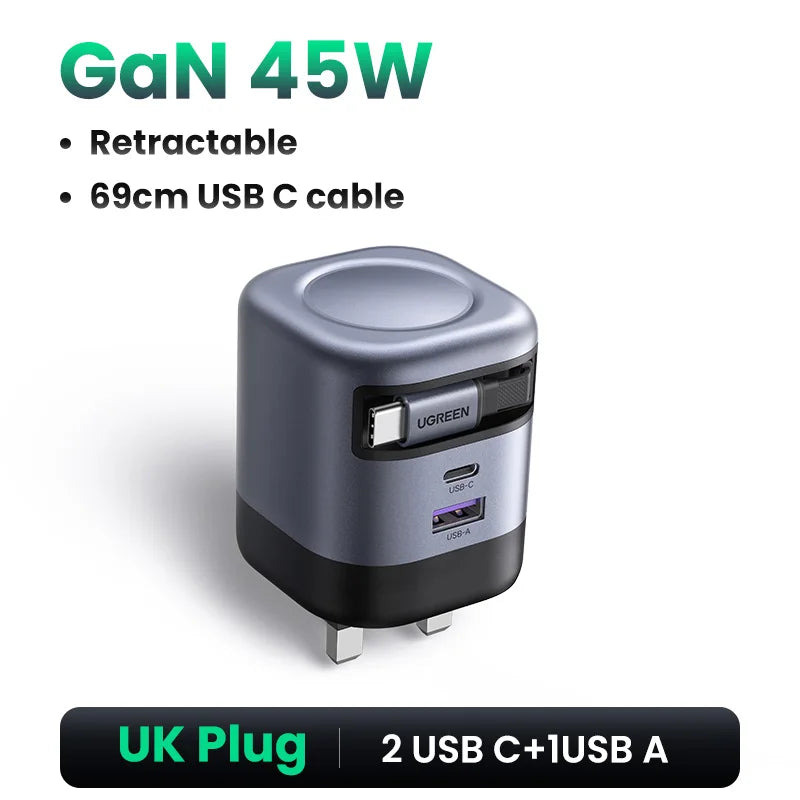 UGREEN 45W GaN Retractable Cable Charger UFCS PPS QC PD 3.0 For iPhone 17 16Pro Samsung S25 iPad Macbook Air Tablet Fast Charger