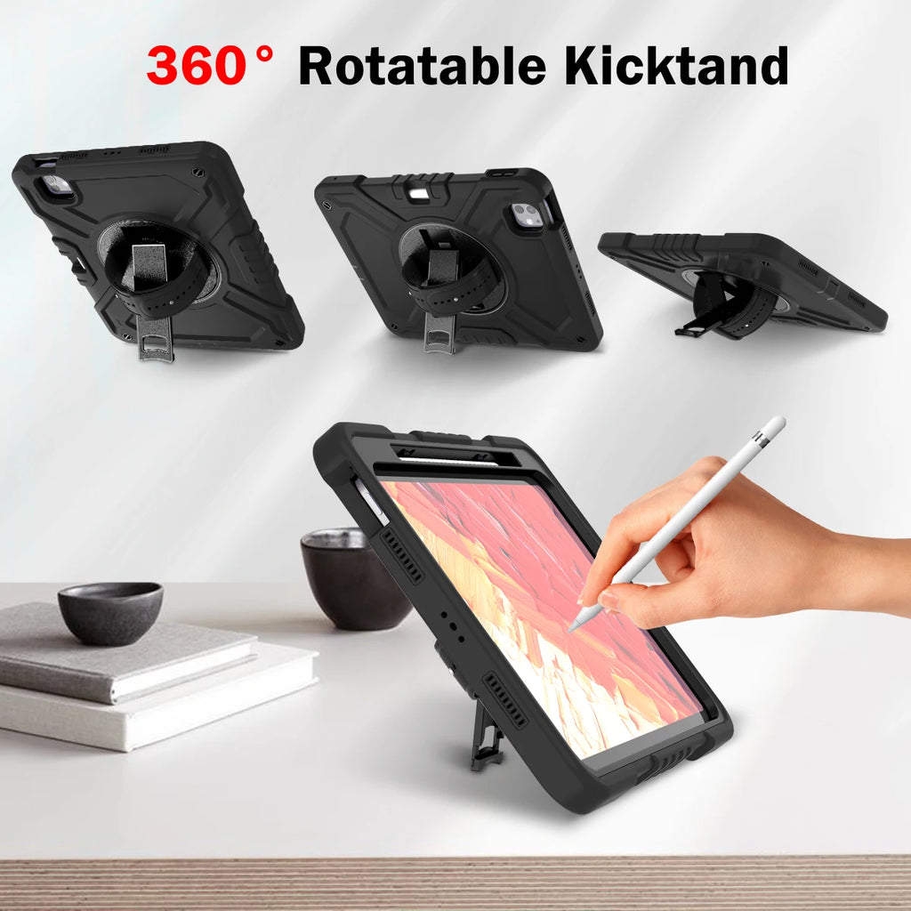 Shockproof Case for iPad pro 11 inch (2024) with 360° Rotating Hand Strap, Portable Shoulder Strap and Pencil Slot