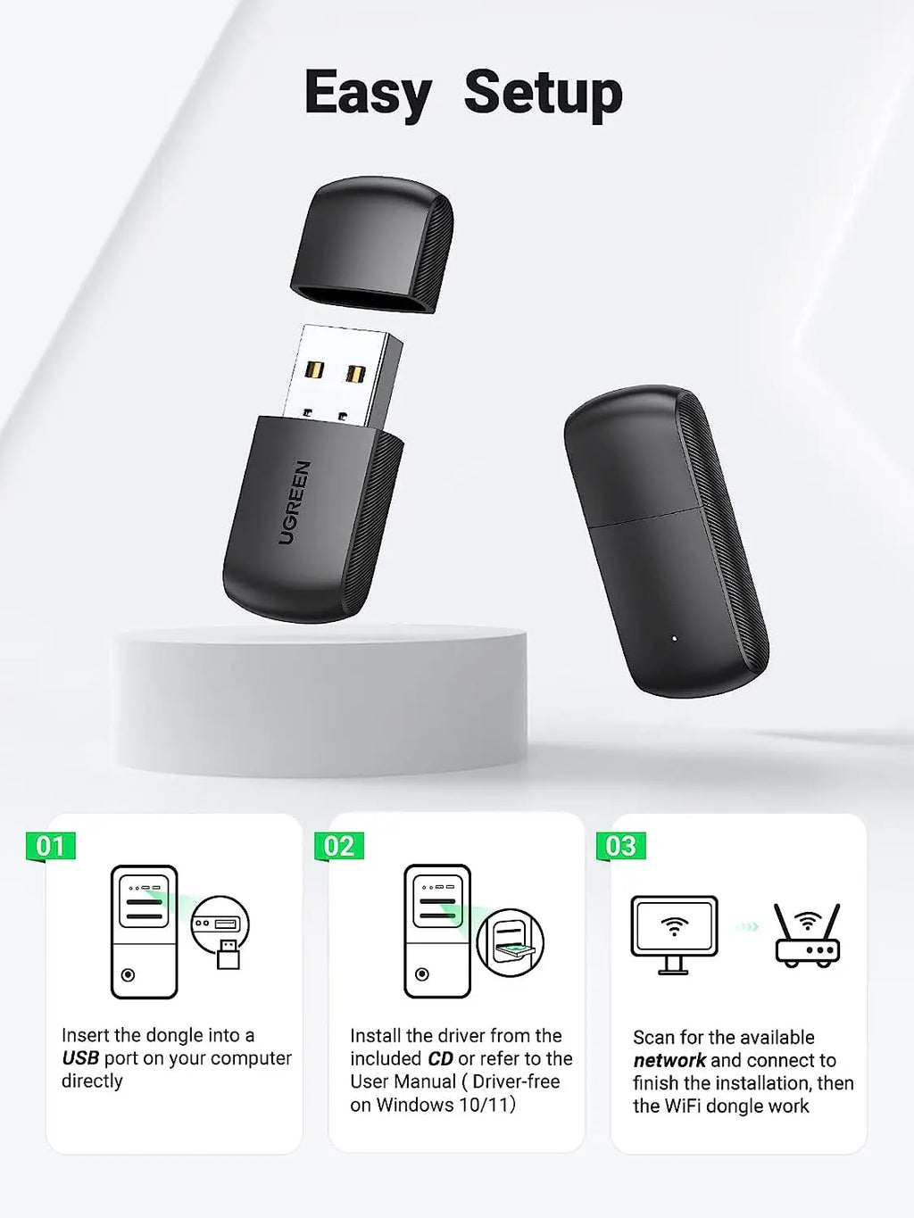 UGREEN AC650 USB WiFi Adapter for Desktop PC 5G 2.4G Dual Band WiFi Dongle Mini Wireless USB Computer Network Adapter