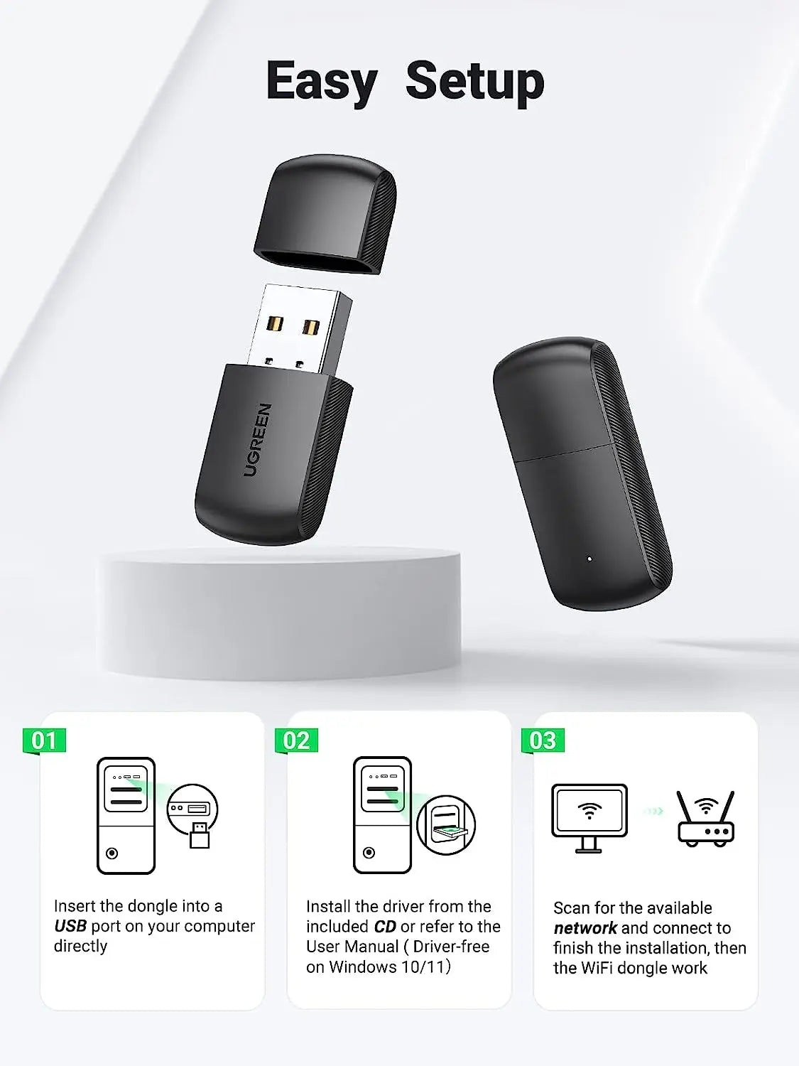 UGREEN AC650 USB WiFi Adapter for Desktop PC 5G 2.4G Dual Band WiFi Dongle Mini Wireless USB Computer Network Adapter
