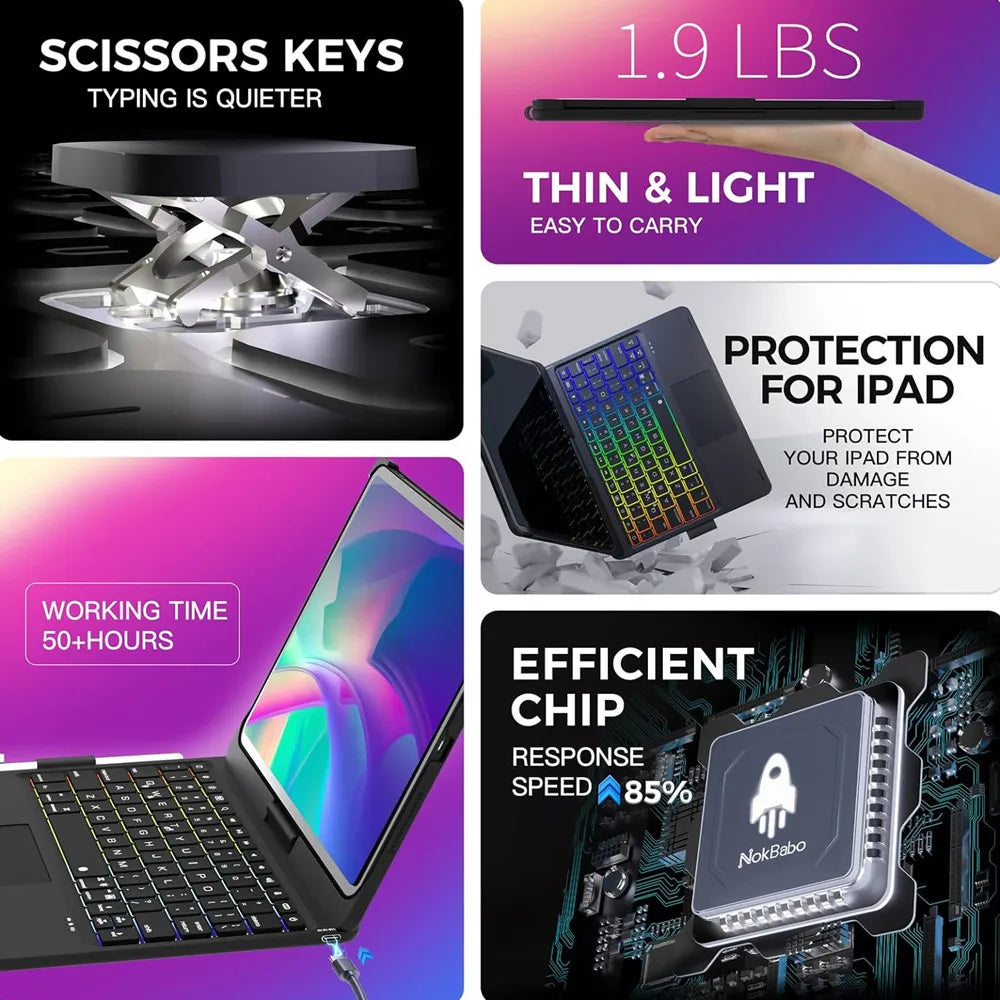 Bluetooth Magic Keyboard Case For iPad Air 11 13 Air 4 5 6 7 Pro 11 12.9 Pro 13 M4 M2 10.2 7th 8th 9th 360° Rotatable Keyboard