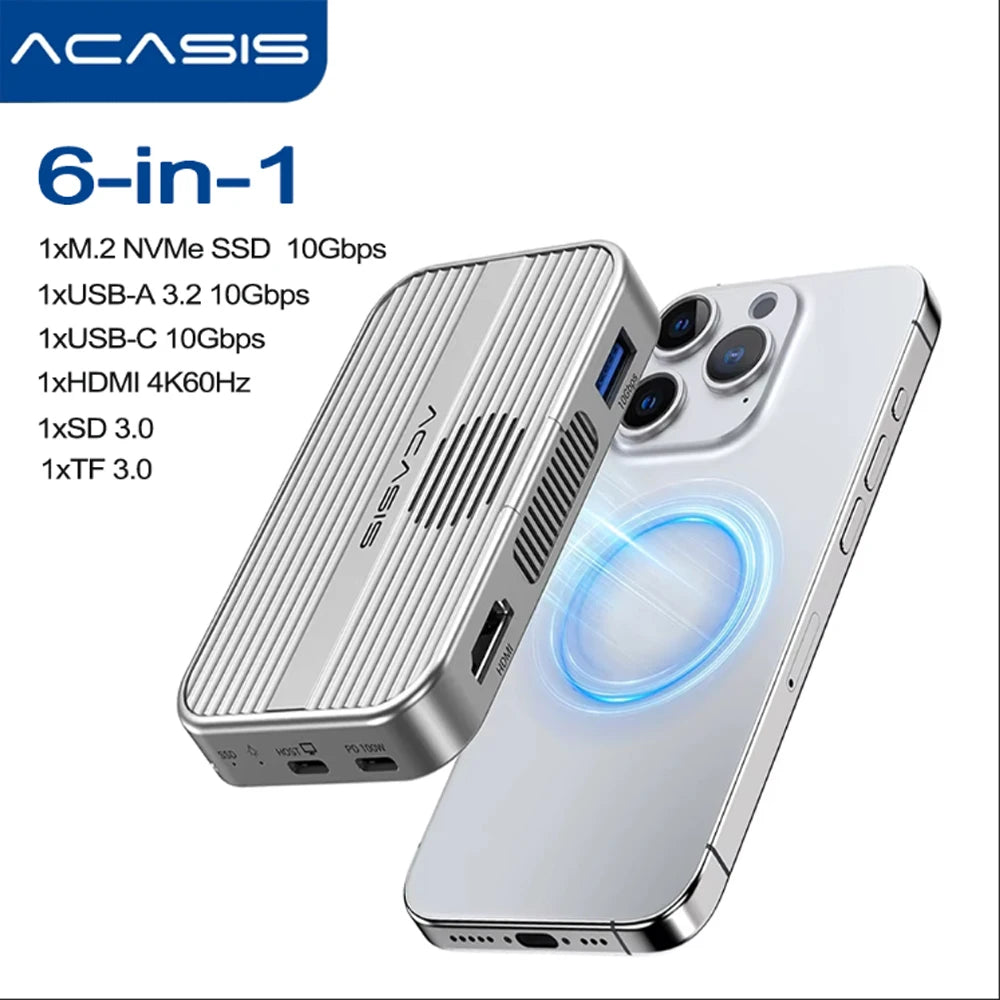 ACASIS M.2 NVMe SSD Enclosure Magnetic USB C Docking Station 10Gbps with Cooling Fan for iPhone 16/15 Pro 2230/42/60/80 NVME SSD