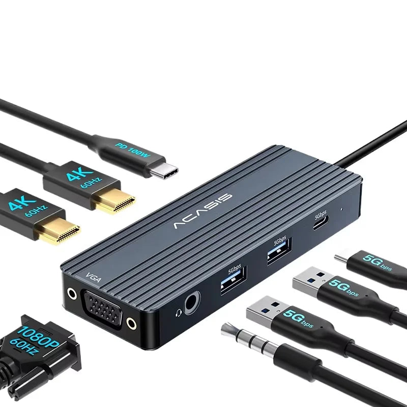 Acasis 8 in 1 USB-C Hub Docking Station 8 Ports Type-C HUB USB 3.0 HDMI 4K 60Hz PD 100W for Laptop hub High-Speed Data Transfer