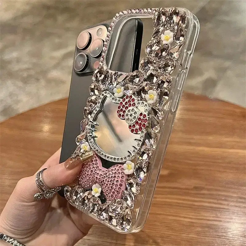 Coque de protection Sanrio Full Diamond Katie pour iPhone, avec miroir Kawaii Bling-bling et nœud mignon, pour 16 15 Pro Max 14 13 12