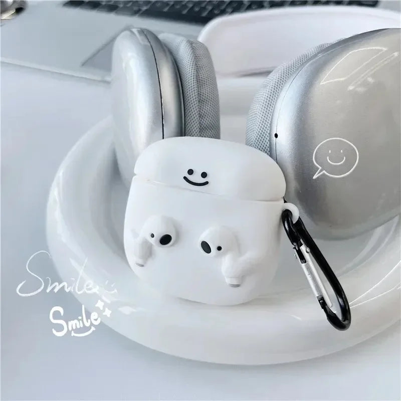 For Airpods 1 2 Pro 3 Individuality Cute White Cartoon with Earphones Hook up Anti-Drop Earphone Case For Airpods Pro 2 Shell